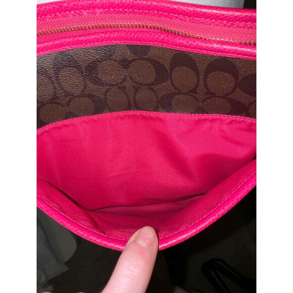 Coach Large Signature Print File Bag - Crossbody Brown w/ Fuchsia Leather Piping - Picture 9 of 9